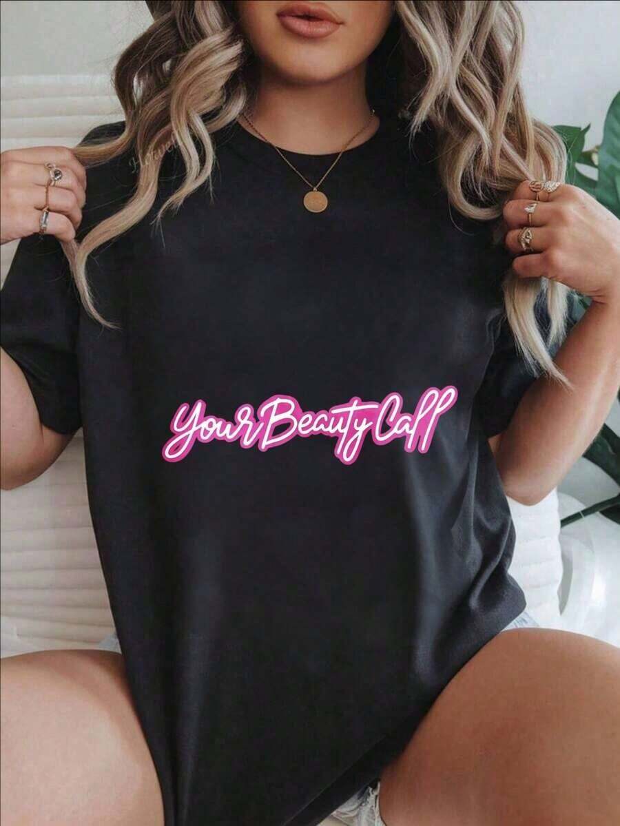 Women's Casual Short Sleeve T-Shirt - Summer Crew Neck T-Shirt "Your Beauty Call", Machine Washable, Ladies' T-Shirts, Casual Wear, Modern Style, Comfortable Fit
-White - 黑色 - 查看 1