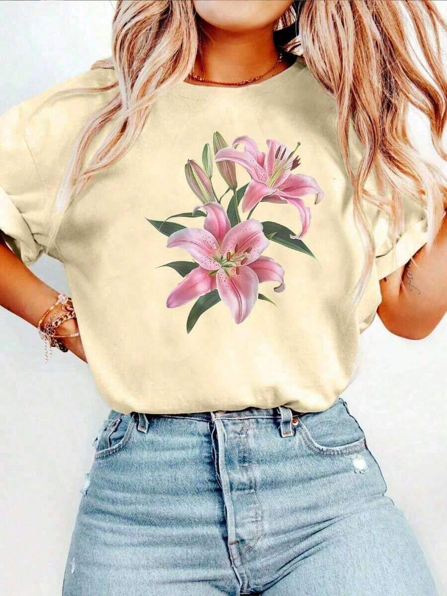 Summer T-Shirt With Lily Graphic Print, Short Sleeve, Round Neck, Casual Top For Women For Summer And Spring, Women's Clothing, Short Sleeve Cotton Casual T-Shirt For Summer Vacation - 杏色 - 查看 1