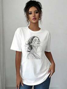 Plus Size Basic T-Shirts For Women - Casual Short Sleeve T-Shirts, Lightweight Essentials For Summer Wardrobe, Abstract Portrait Print T-Shirt For Women | Casual Short Sleeve Crew Neck Top, Suitable For Summer And Spring, Breathable And Comfortable Women's Clothing - 白色 - 查看 1