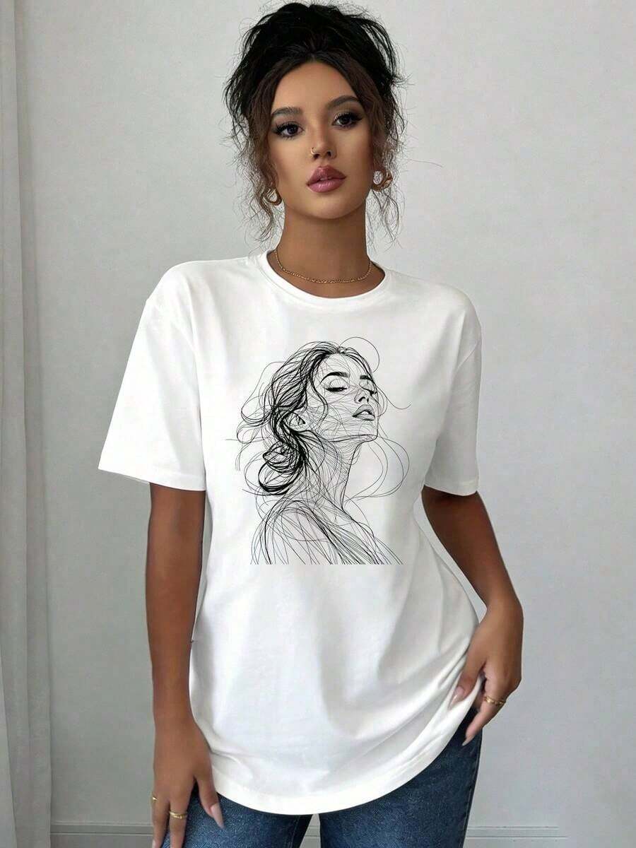 Plus Size Basic T-Shirts For Women - Casual Short Sleeve T-Shirts, Lightweight Essentials For Summer Wardrobe, Abstract Portrait Print T-Shirt For Women | Casual Short Sleeve Crew Neck Top, Suitable For Summer And Spring, Breathable And Comfortable Women's Clothing - 白色 - 查看 1