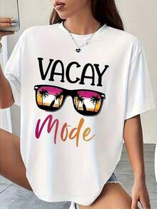Camisetas Suaves y Transpirables de Talla Grande para Mujer, Corte Holgado, Estilo Casual, Camiseta con Estampado "Vacay Mode" - Blanca, de Manga Corta y Cuello Redondo, con Diseño de Gafas y Palmera, Top Casual de Verano y Primavera, Tejido de Poliéster, Ideal para Vacaciones.|   Impresión Divertida|   Cómodo y bien ajustado, adecuado para usar en vacaciones. Transpirable y confortable. - Blanco - Ver 11