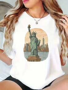 Camiseta de Mujer Estilo Casual de Verano, Estampado Estatua de la Libertad y Skyline de Nueva York, Ropa de Verano, Regalo para Amantes de Viajes, 220g. Camiseta de Manga Corta para Mujer, Estilo Básico y Versátil para Uso Interior y Exterior. - Blanco - Ver 1