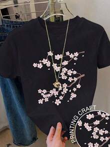 Limited Edition Women's Fashion Minimalist Casual Shirt Round Neck Short Sleeve Casual Regular Fit T-Shirt With Cartoon Character Print For Women, Summer New Loose And Versatile Top Lightweight Cotton - 黑色 - 查看 2