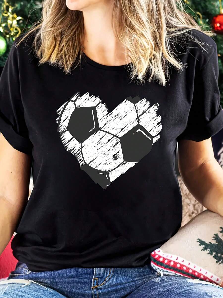 Women's Limited Edition Short-Sleeved Sports T-Shirt, Comfortable And Stylish, Suitable For Sports And Daily Life, With Football Design, Made Of Lightweight Cotton. - 黑色 - 查看 1