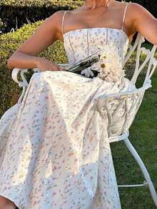 New Summer Collection: White Floral Print Dress With Straps, French Country Style, Fitted Cut, Elegant And Sensual European Fashion For Women - 白色 - 查看 2
