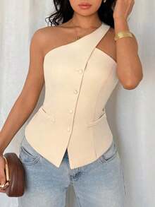 Blazer informal sin mangas de color albaricoque para mujer, conjunto de verano versátil - Albaricoque - Ver 6