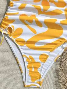 Traje de baño de una pieza con estampado todo sobre con cordón lateral para mujer, ideal para vacaciones y playa - Amarillo - Ver 5