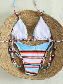 Ladies' Blue And Red Contrast Striped Bead Decor Halter Neck Bikini, Ultra Stylish Beach Vacation Two Pieces Swimsuit Set For Summer - Multicolor - View 4