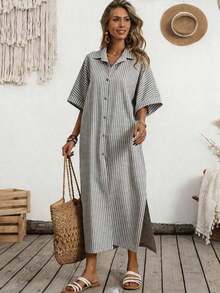 Holidaya Vestido casual de verano de algodón y lino con botones delanteros a rayas para mujer - Gris Oscuro - Ver 2