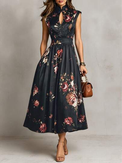 Vintage Summer Elegant Black Floral Sleeveless Dresses For Women Mandarin Collar Chinese Style A Line Dress Party Wedding Guest Going Out Outfits