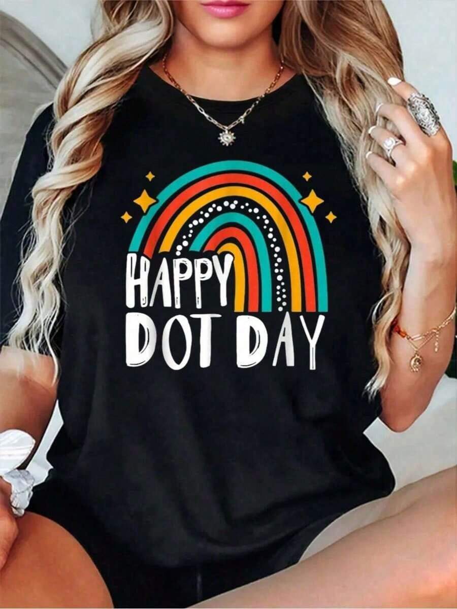 Algodón Camiseta Infantil % Algodón Con Estampado De Lunares Coloridos Del Día Internacional Del Punto. Camiseta De Cuello Redondo Para Verano. Camiseta Suave De Manga Corta Para Mujer. Camiseta Elegante Y Cómoda. Camisetas Gráficas. - Negro - Ver 1