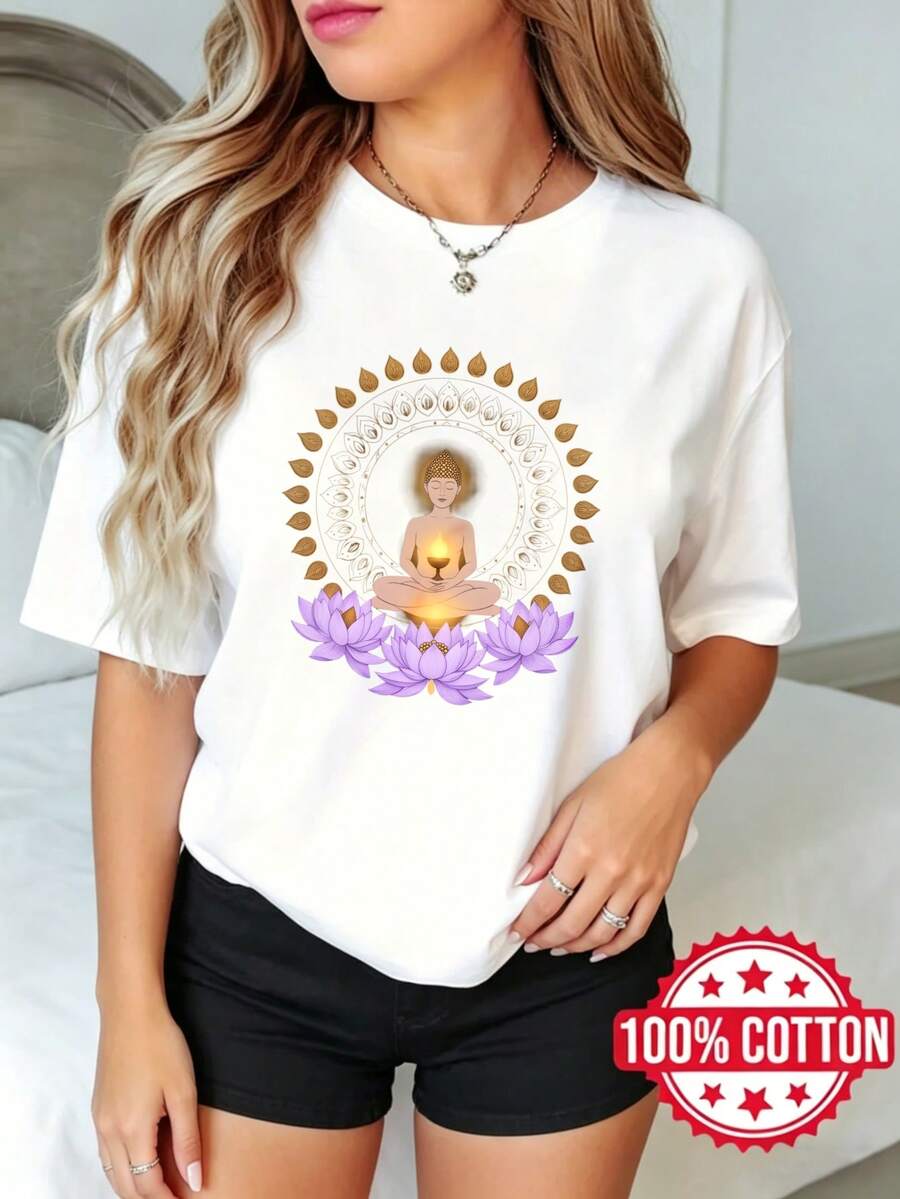 Camiseta de manga corta con cuello redondo y estampado para mujer, verano, casual Diseño de Loto de Chakrara Meditación S-3XL 100% aodón material