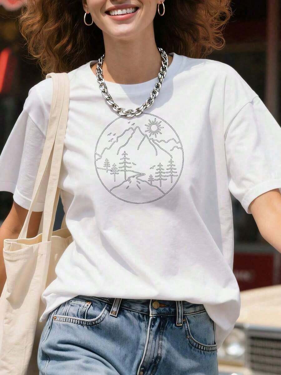 Comfortable1 camiseta Sunrise-Mountain-Nature-Hiking-Camping-Outdoors-Mountains, 210g, 100% algodón, los diseños están impresos. Unisexo. Camiseta de manga corta holgada y versátil para mujer. - Blanco - Ver 1