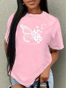Women's Short-Sleeved T-Shirt With Butterfly Print, Comfortable And Loose Fit, Floral Sports T-Shirt For Ladies, Graphic T-Shirt For Women. - Back - View 8