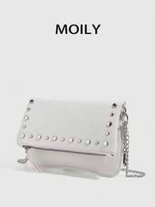 1pc Rivet Design Shoulder Crossbody Square Bag, PU Material, Metal Chain, Zipper Closure, Suitable For Shopping, Dating, Commuting, Party, Gift Giving - White - View 1