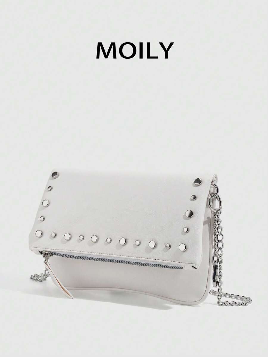 1pc Rivet Design Shoulder Crossbody Square Bag, PU Material, Metal Chain, Zipper Closure, Suitable For Shopping, Dating, Commuting, Party, Gift Giving - White - View 1
