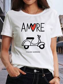 Camiseta estampada de manga corta con cuello redondo ClassicAMORE, top de primavera y verano para mujer, adecuada para salidas diarias, un artículo imprescindible para otoño e invierno, moda de vacaciones, Bestseller. - Blanco - Ver 1
