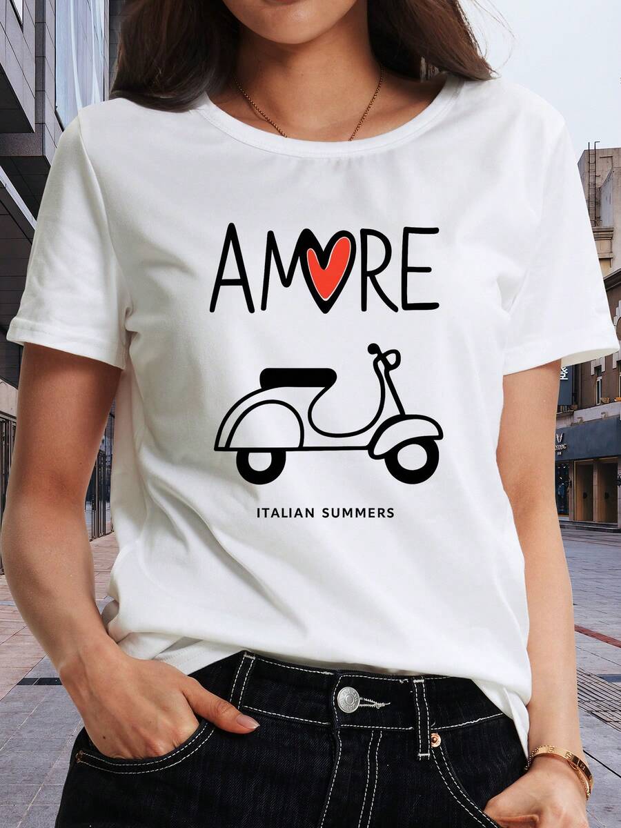 Camiseta estampada de manga corta con cuello redondo ClassicAMORE, top de primavera y verano para mujer, adecuada para salidas diarias, un artículo imprescindible para otoño e invierno, moda de vacaciones, Bestseller. - Blanco - Ver 1