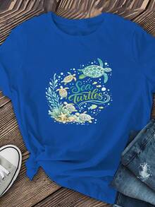 Short-Sleeved T-Shirt With A Classic Underwater "Turtle" Print,  Turtle Colony Design, Women's Spring/Summer Top, Women's Summer Clothing, Round Neck T-Shirt For Spring/Summer, Suitable For College Life, As A Basic Layering Piece, And For Everyday Wear. A Hit. - 藍色 - 查看 6