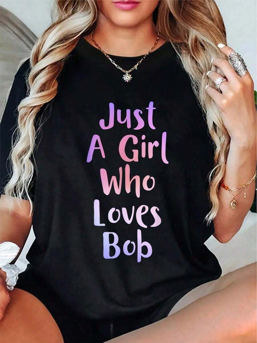 100% Algodón, Simplemente Una Chica Que Ama a BOB, Regalos Personalizados con Nombre, Camiseta Divertida de BOB, Playera - Negro - Ver 1