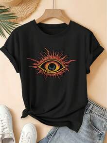 Camiseta de mujer, ropa de verano para mujer, estampado de ojo omnividente, estilo retro sencillo, cuello redondo, manga corta, estilo casual, ropa de mujer de talla grande, camiseta, a la moda para ir al trabajo, vacaciones, versátil para el día a día, top retro elegante. - Negro - Ver 1