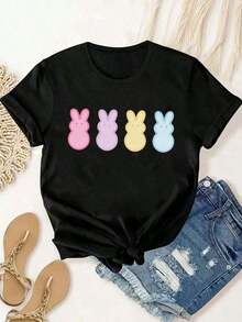 Camiseta de Mujer con Estampado Gráfico Temático de Pascua Premium, Moda Femenina, Casual, Cómoda, Suave, para Uso Diario, Deportes al Aire Libre, Fitness, Transpirable para el Hogar, Cuello Redondo, Manga Corta, Estilo Vintage Urbano, Unisex, Holgada, de Algodón, Ecológica. - Negro - Ver 3