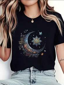 1 pieza de camiseta de manga corta con estampado de luna, 100% algodón, color gris, cuello redondo, un esencial de moda casual, adecuada para primavera, verano y otoño, ligeramente holgada, cómoda al contacto con la piel, camiseta casual y elegante para mujer de talla grande, camiseta de algodón transpirable, combina con todo, 100% algodón. - Negro - Ver 5