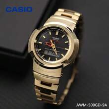 Casio 黑色金色对比金属质感复古双显腕表，太阳能供电，防震防水，双LED背光，不锈钢表带，多功能腕表，适合男士、学生、通勤和户外活动。 - 均碼 - 查看 1