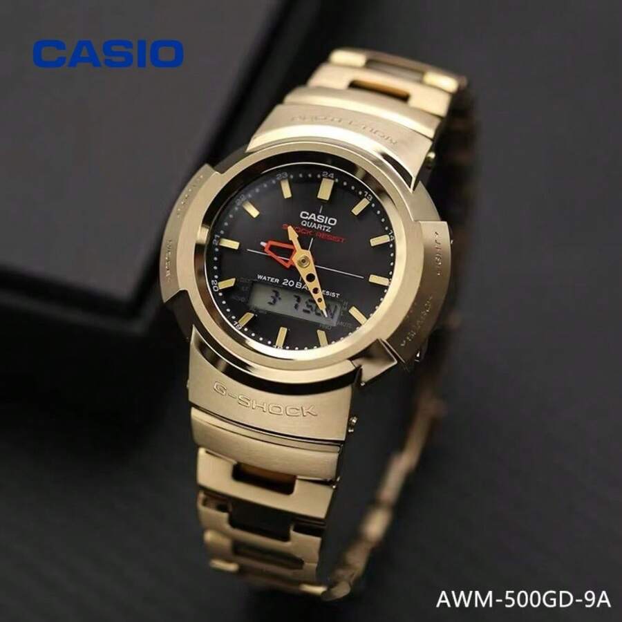 Casio 黑色金色对比金属质感复古双显腕表,太阳能供电,防震防水,双LED背光,不锈钢表带,多功能腕表,适合男士、学生、通勤和户外活动。 - 均碼 - 查看 1