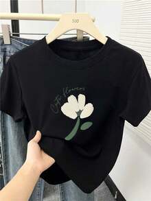 Women's Simple Loose Fit T-Shirt, Modern Style, Versatile And Minimalist Print T-Shirts, Short Sleeve, Round Neck, Slim Fit, Basic For Women - Summer Collection 2026, 100% Cotton, Cozy Soft Simple Everyday Wear Short Sleeve Top - 黑色 - 查看 6