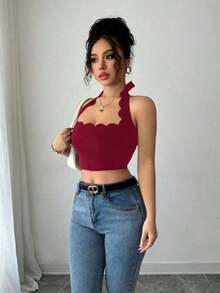 Top corto con escote halter, volantes y amarres en negro para mujer, ideal para vacaciones - Burdeos - Ver 7