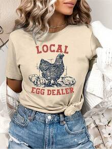 Camiseta de Verano para Mujer con Estampado de Pollo, Corte Ajustado, Camisa Casual para Deportes y Ocio - Albaricoque - Ver 1