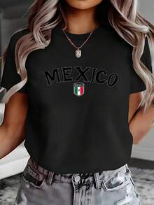 Camiseta de algodón purodemujercondiseñodelabanderamexicana,conlasletrasletras mayúsculas'MÉXICO'impresaseslapartesuperiorcamisetadeportivaparaprimaverayverano,camisetadeportivacasualdecuelloredondo,camisetademangacorta,superiorcómodoparamujer12296Camisetasparasalirparamujer. - Negro - Ver 1