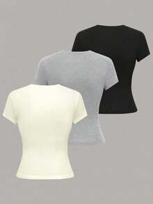 1 pieza Camiseta de manga corta informal de unicolor para mujer - Multicolor 4 - Ver 2