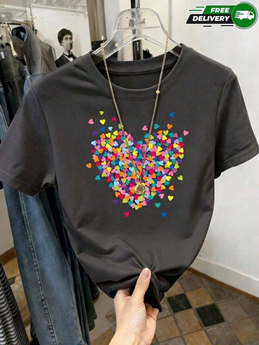 2026 New Cotton-shirtCamiseta de manga corta para mujer, adecuada para uso diario, salidas casuales, vacaciones y fines de semana, con estampado de corazón formado por muchos coraz - Gris Oscuro - Ver 1