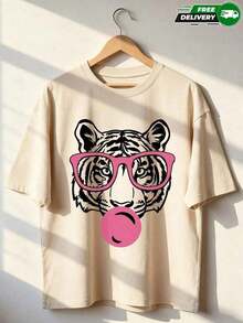 2026 New Cotton-shirtCamiseta de manga corta para mujer, adecuada para uso diario, salidas casuales, vacaciones y fines de semana, con estampado de cabeza de tigre con gafas rosas y chicle de burbuja, cuello redondo, sin bolsillos laterales, sin cremalleras, sin botones, fabricada en poliéster, estilo casual y divertido, para primavera y verano. Envío nacional Algodón ligero - Albaricoque - Ver 5