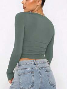 Camiseta ajustada de mujer de cuello redondo de manga larga con pliegues en unicolor, adecuada para las temporadas de verano, otoño/invierno y primavera casual - Verde Oliva - Ver 5