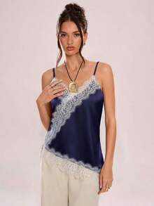 Top de tirantes asimétrico con bajo cruzado de encaje, espalda descubierta con tirantes exquisitos, top tipo camisola con parche en el pecho estilo Kendall 2026 para mujer, elegante para usar en primavera y otoño, color marrón, apropiado para ofici - azul real - Ver 1