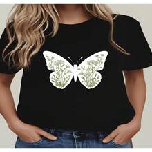 Women's Butterfly Graphic Print Cotton T-Shirt, Short Sleeve Round Neck Casual Top with High Stretch, Regular Length - Negro - Ver 1