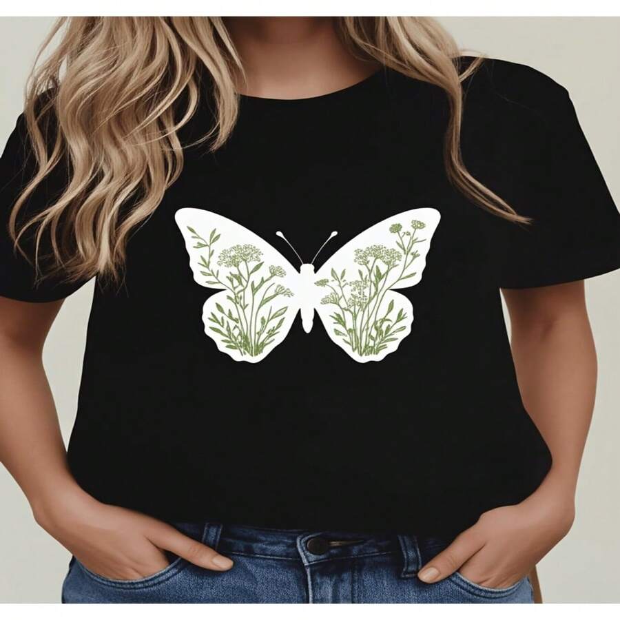 Women's Butterfly Graphic Print Cotton T-Shirt, Short Sleeve Round Neck Casual Top with High Stretch, Regular Length - Negro - Ver 1