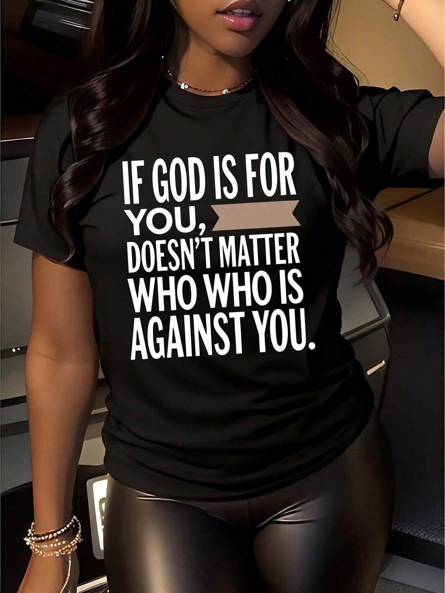 Talla Grande - Talla Grande - Camiseta de Mujer con Frase Inspiradora Estamp | Negra con Letras Blancas, Cómoda Camiseta Casual de Manga Corta y Cuello Redondo, Tejido Elástico Medio, Lavable a Máquina, Ropa Diaria de Primavera Verano, Camisetas para Mujer, Conjunto de Verano