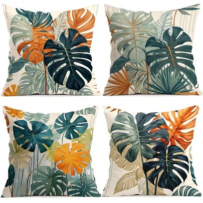 Juego de 4 fundas de cojín con estampado de hojas y tortugas de colores contrastantes, impresas por un solo lado, adecuadas para la sala de estar, el dormitorio, la decoración del hogar, todo el año