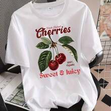 Ropa de Verano para Mujer, Ropa para Mujeres con Curvas, Camiseta Vintage con Estampado de Cerezas para Mujer - Top Blanco 100% Suave y Transpirable con Cuello Redondo, con Cerezas Rojas y Hojas Verdes, Diseño de Cosecha de Cerezas y Texto "Cerezas Recién Cosechadas" - Conjuntos Casuales de Verano, Ropa con Temática de Cosecha de Frutas, Camiseta Casual Estampada de Manga Corta y Cuello Redondo para Mujer, Adecuada para Uso Diario. - Blanco - Ver 7