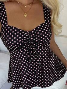Nueva Colección Primavera/Verano 2026 para Mujer: Blusa/Top sin Mangas con Volantes y Cordón Ajustable, Estampado de Lunares Amarillo Buttercup y Marrón, Estilo Casual y Versátil, Top de Verano - Marrón 2 - Ver 5