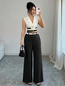 Conjunto de blazer corto sin mangas de color contrastante y pantalones rectos elegantes de estilo de oficina para mujer, atuendo profesional de oficina, vestimenta de maestra, ropa para ir y venir y uso casual - Negro - Ver 7
