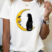 Women's Casual Short Sleeve Crew Neck T-Shirt With Smiling Cat And Crescent Moon Print, Spring/Summer, Everyday Wear, Holiday Gift - White - View 6