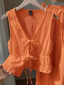 Conjunto de 2 piezas casual para mujer con top de cuello en V y pantalones en punto liso negro - Naranja - Ver 3