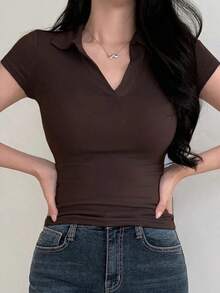 Camiseta polo de manga corta de ajuste ceñido de unicolor para mujer, casual de verano, casual de negocios, tops estilo universitario para mujer - Marrón - Ver 6