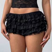 Women's New Sexy Lace Solid Color Black Cake Skirt Ruffle Low Waist Short Shorts,Valentine's Day,Valentines,Shorts For Women,Y2k,Valentine's Day,Graduation,Back To School Outfits Summer Outfits For Women Summer Clothes Summer Holiday Outfits - Rojo - Ver 6