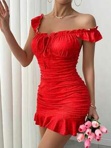 Vestido con estampado floral, volantes y bajo sexy para mujer - Rojo - Ver 5